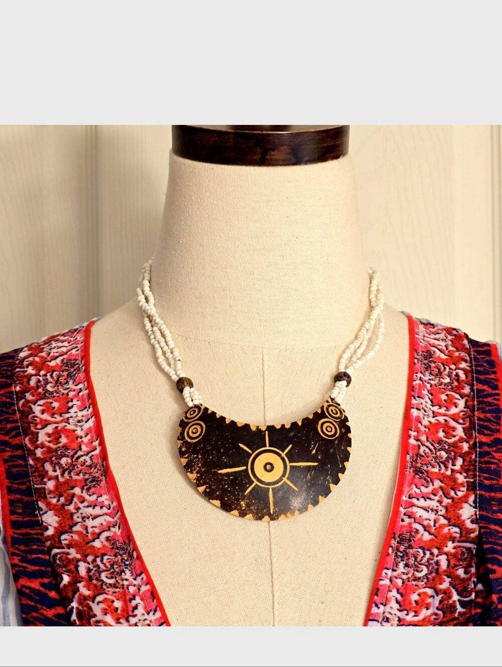 Handcrafted Brown & Cream Tribal Coconut Shell Pendant Necklace
